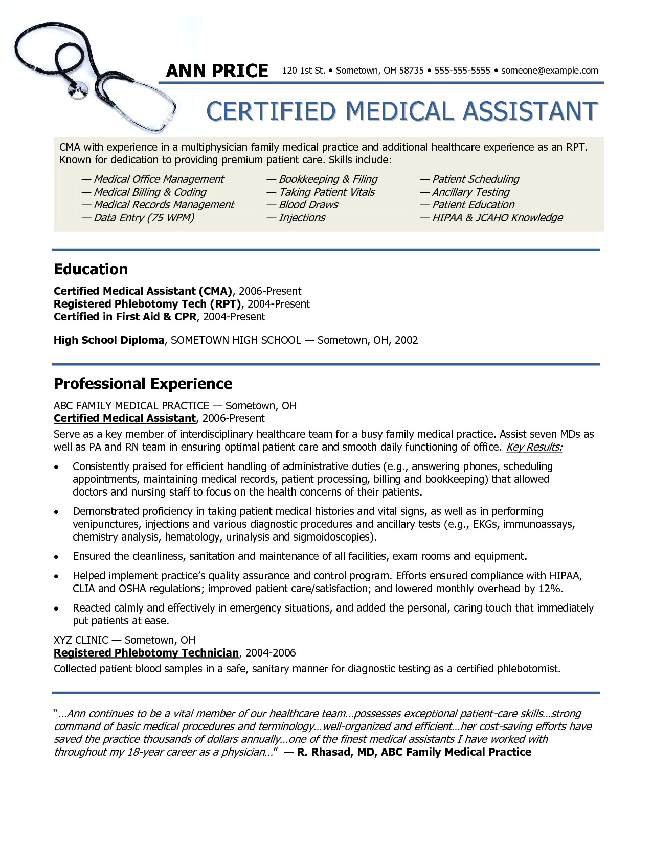 2016 sample resume for medical assistant