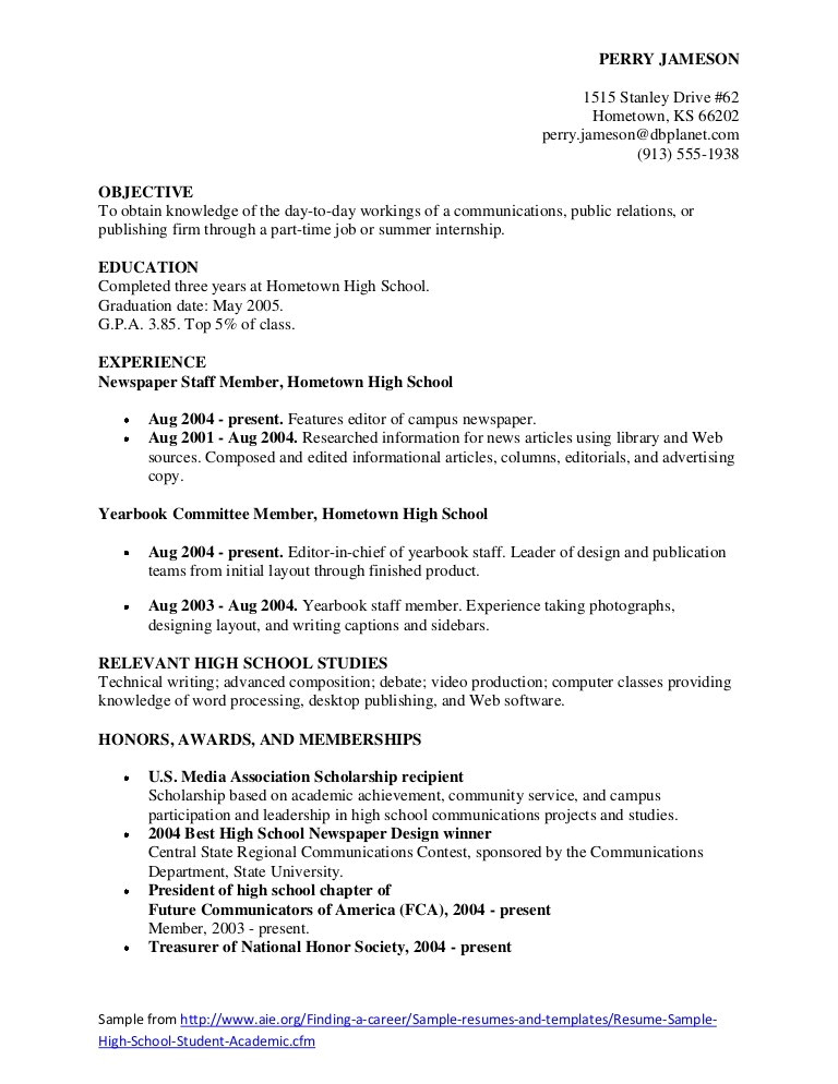 resumes samples for high school students high school student college resume by perry jameson