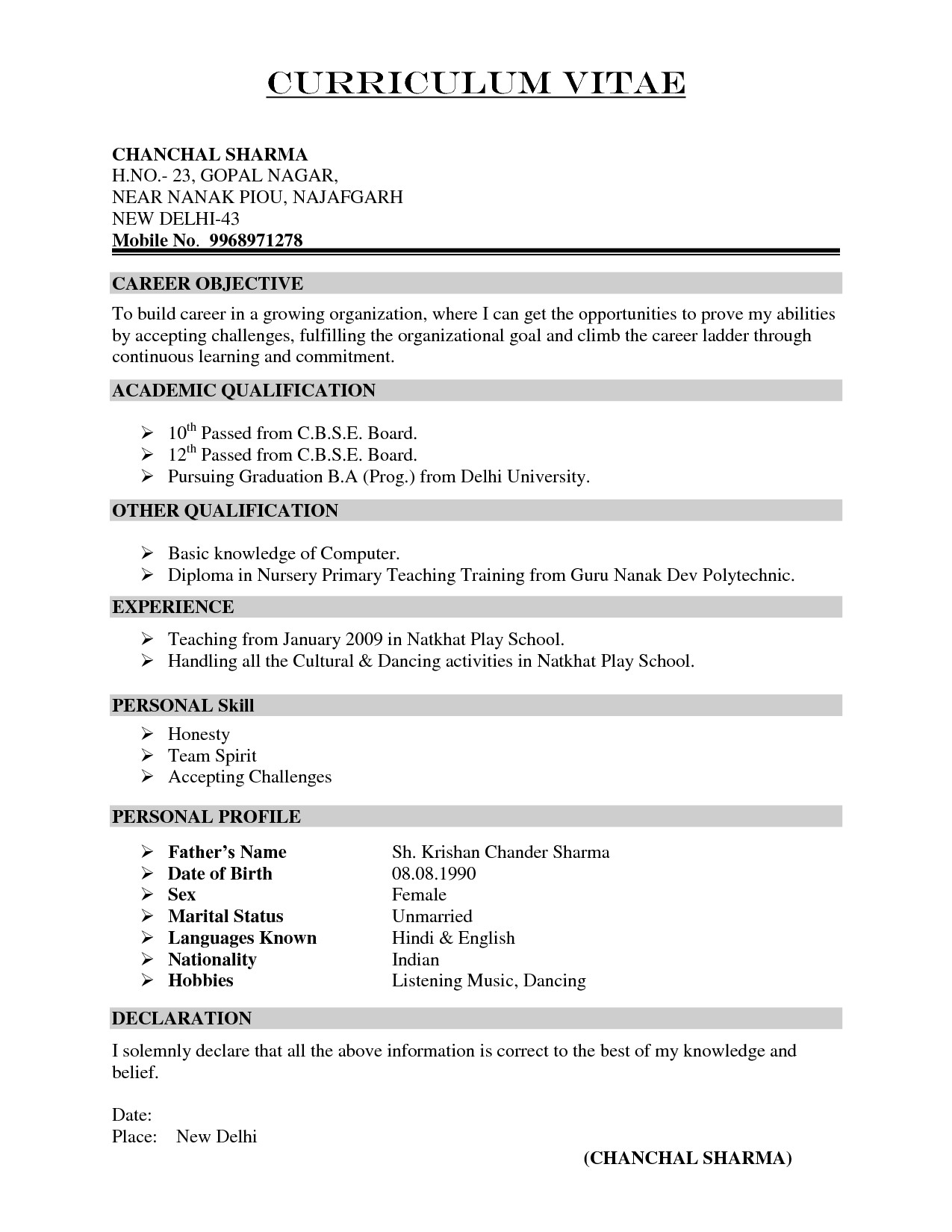 Sample Teacher Resume Indian Schools Resume for Teachers In Indian format Google Search