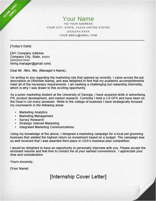 Samples Of Cover Letters for Internships Internship Cover Letter Sample Resume Genius