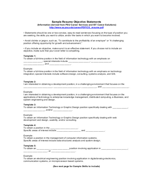 Samples Of Objective Statements for Resumes 9 Resume Objective Samples Examples Templates Sample