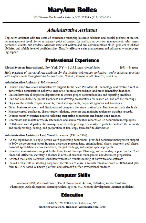 sample resume for administrative assistant in 2016