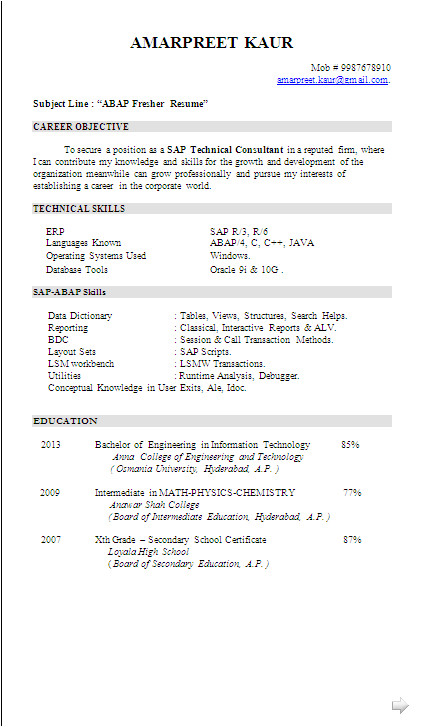 Sap Abap Fresher Resume Sample 1 Sap Abap Fresher Resume Sample Resume Sample Sap Abap Fresher Resume formats