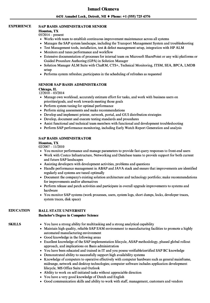 Sap Basis Administrator Resume Sample Sap Basis Administrator Resume Samples Velvet Jobs