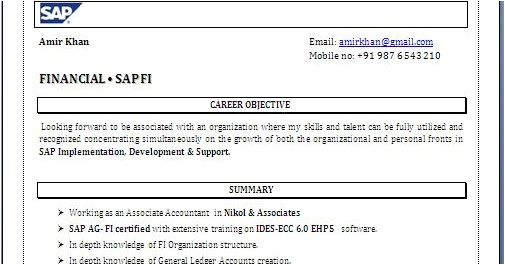 Sap Fico Fresher Resume Sample Sap Fico Resume format