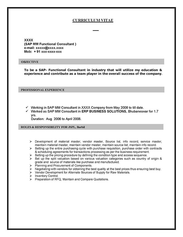Sap Mm Sample Resumes Sap Mm Materials Management Sample Resume 10 00 Years