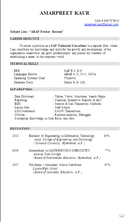 resume sample sap abap fresher