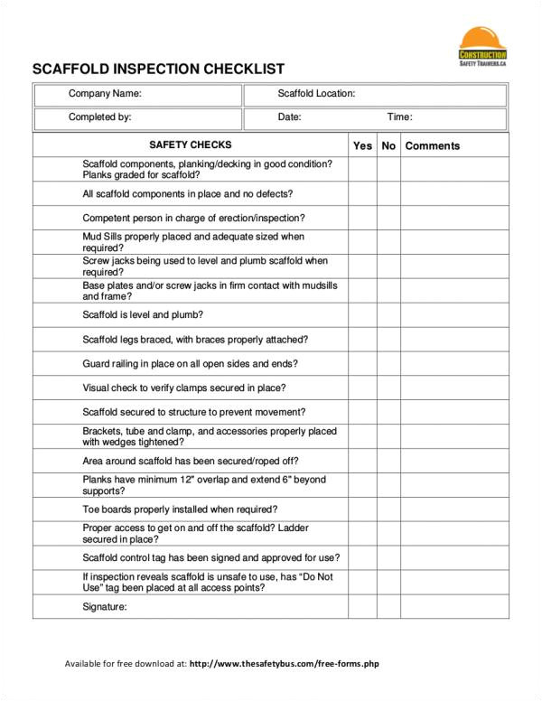 Scaffold Inspection Checklist Free Template 19 Inspection Checklist Samples Templates Sample Templates