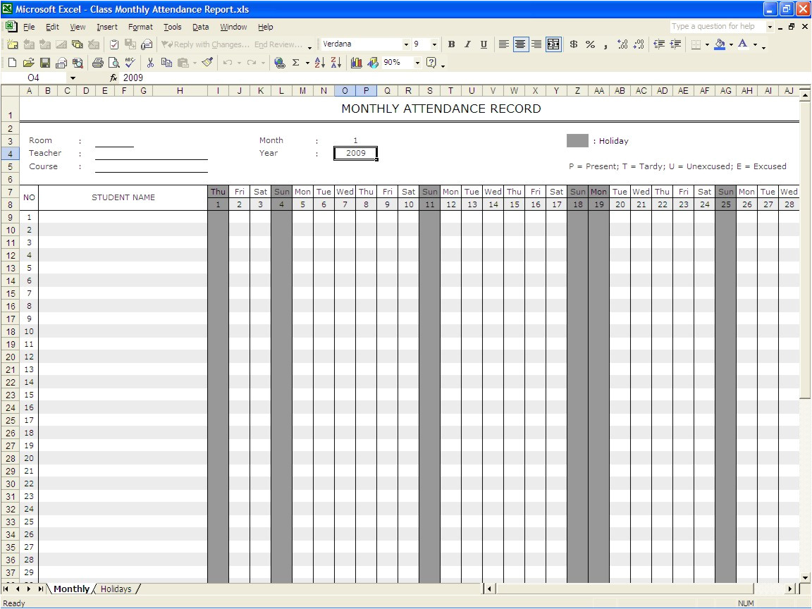 School Register Template Spreadsheet 5 attendance Register Templates Excel Xlts