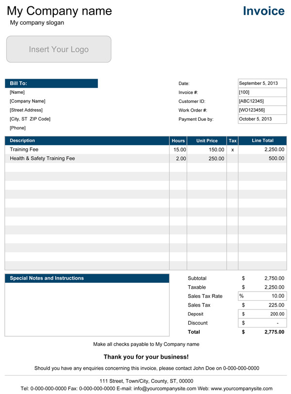 service charge invoice template