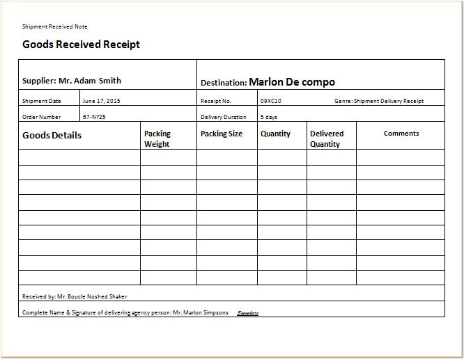 Shipping Ticket Template Shipment Delivery Receipt Templates for Ms Excel Receipt