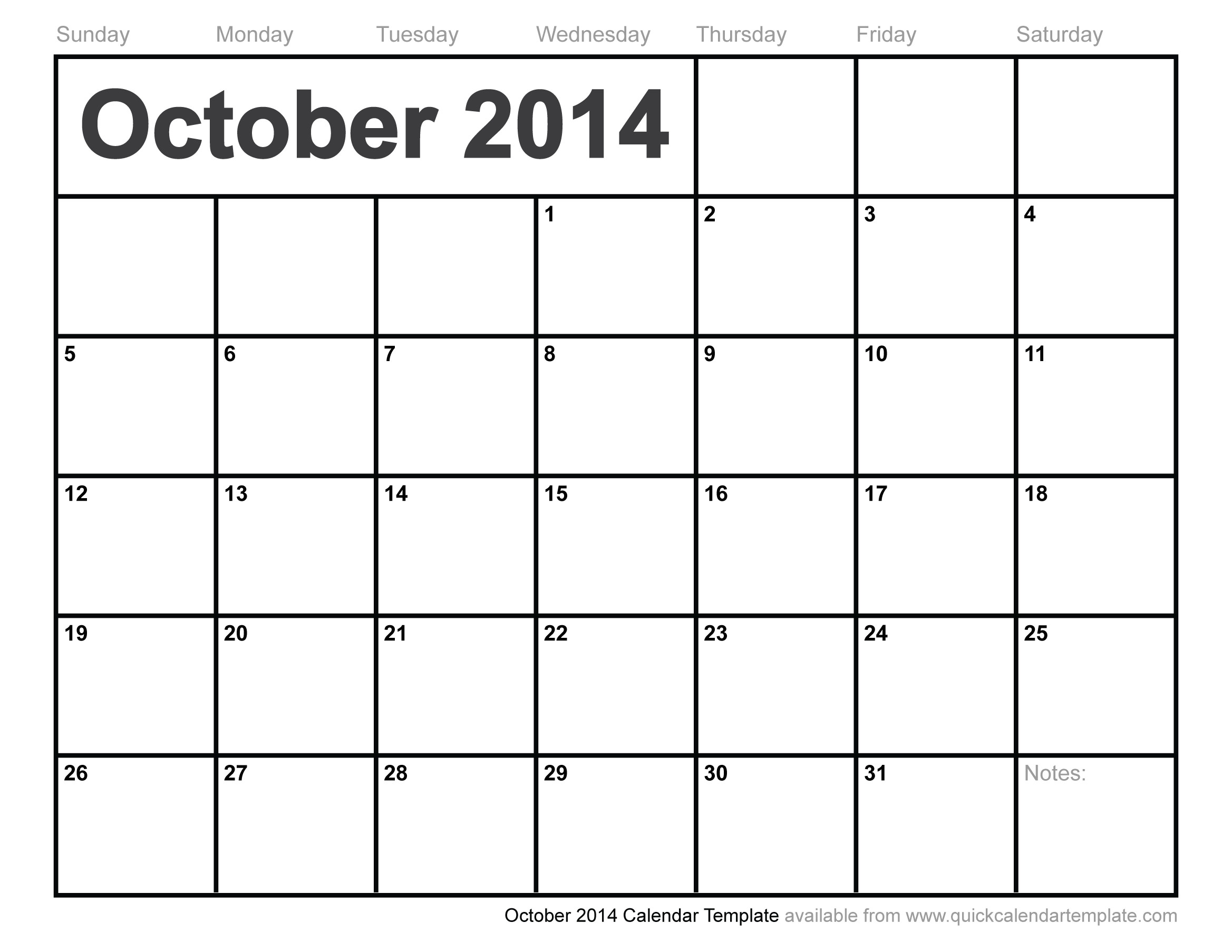 calendar template month october year 2014