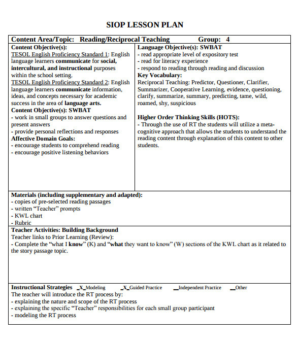 sample siop lesson plan template