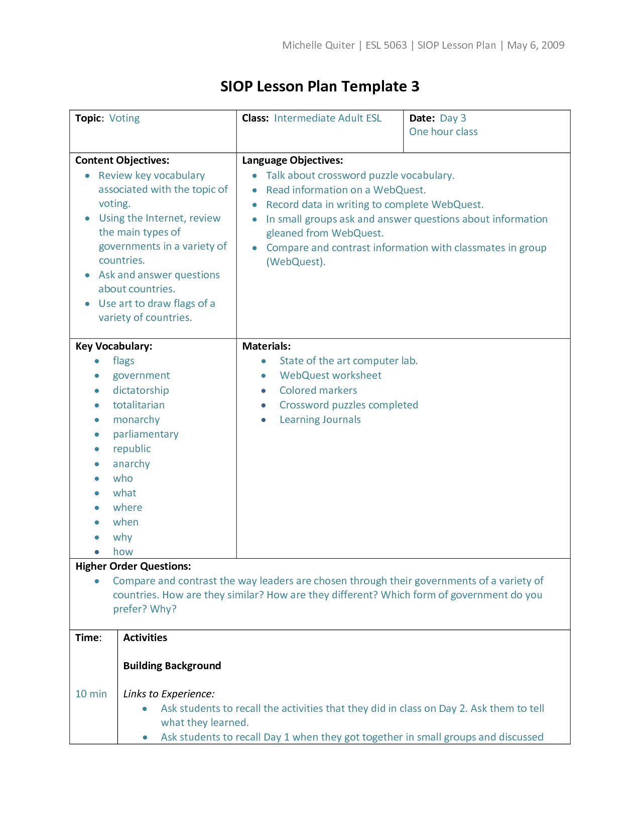 siop lesson plan template