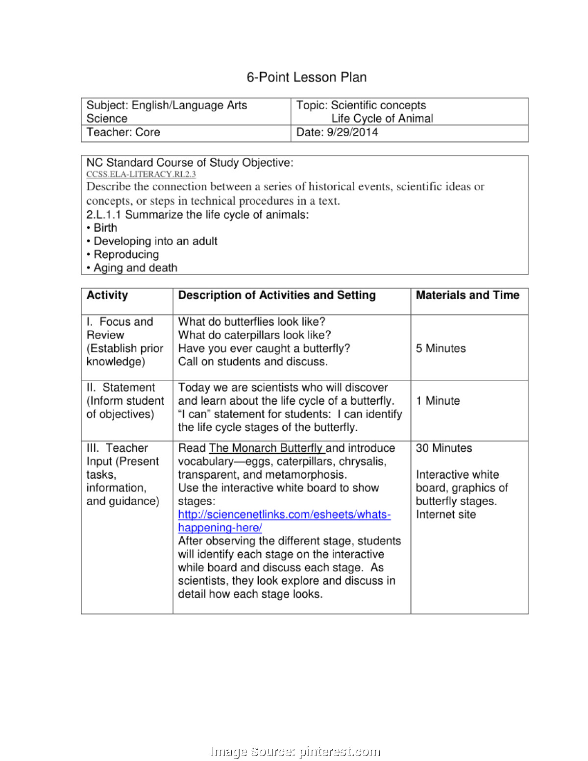 Six Point Lesson Plan Template Williamson
