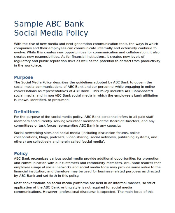 Social Media Guidelines Template social Media Policy Template 8 Free Word Pdf Document