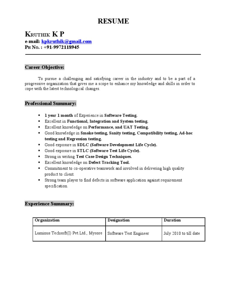 Software Testing Resume Samples for 1 Year Experience Resume Kruthik 1 Year Experience In software Testing