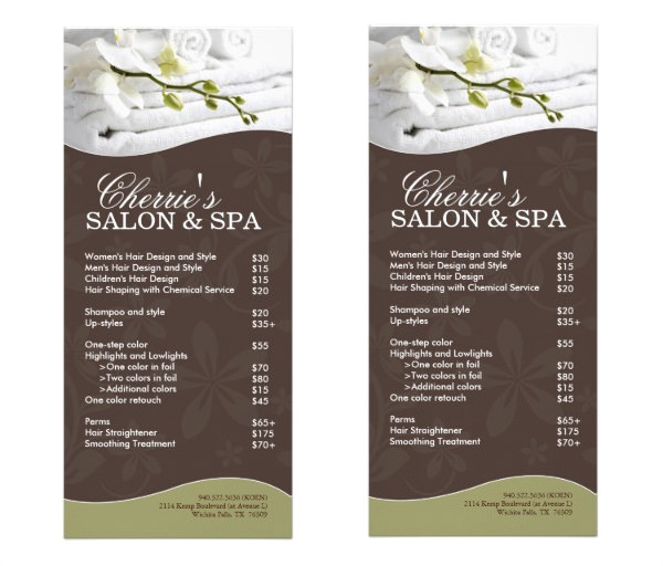 spa menu template design