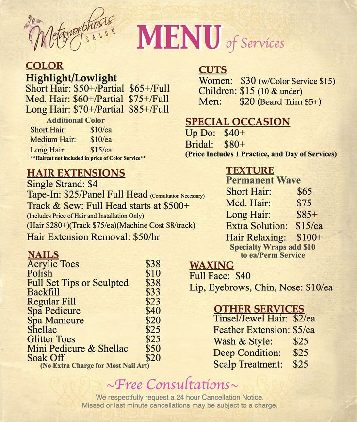 salon menu