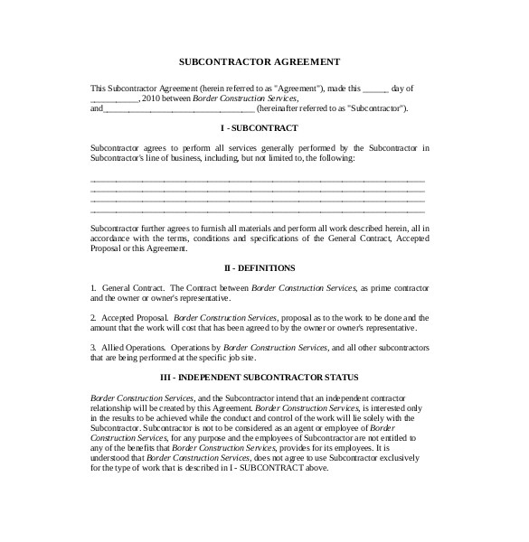 Standard Subcontract Agreement Template 1 Standard Subcontract Agreement Template Subcontractor Agreement Template 16 Free Word Pdf