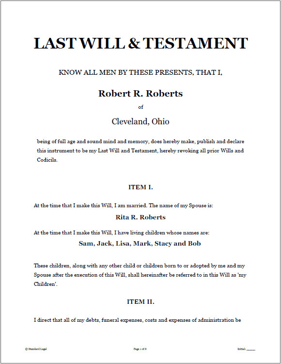 last will and testament sample form