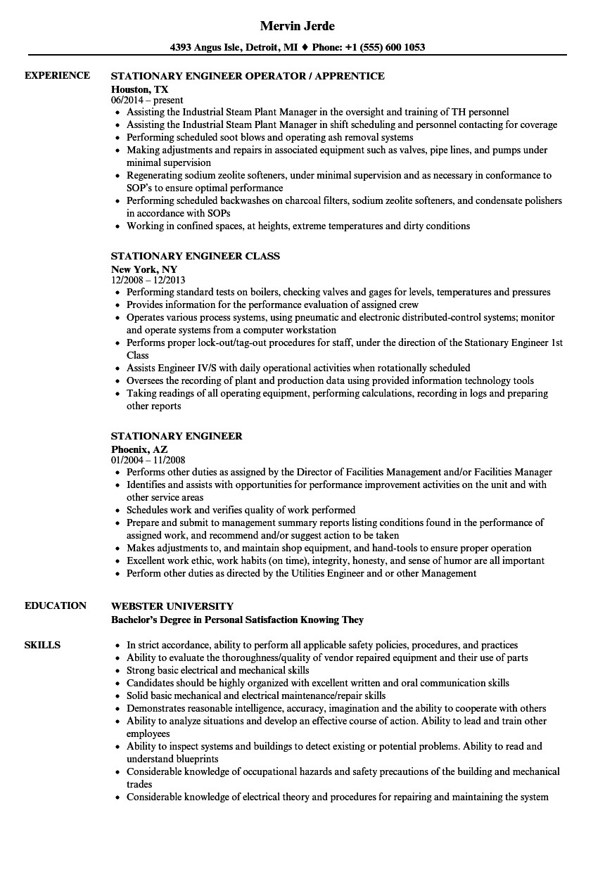 Stationary Engineer Resume Sample Stationary Engineer Resume Samples Velvet Jobs