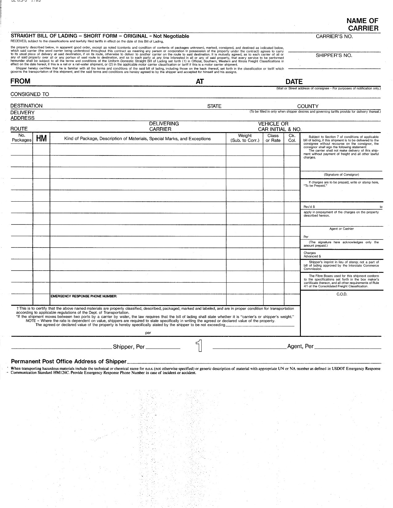 post bill of lading forms printable 13839