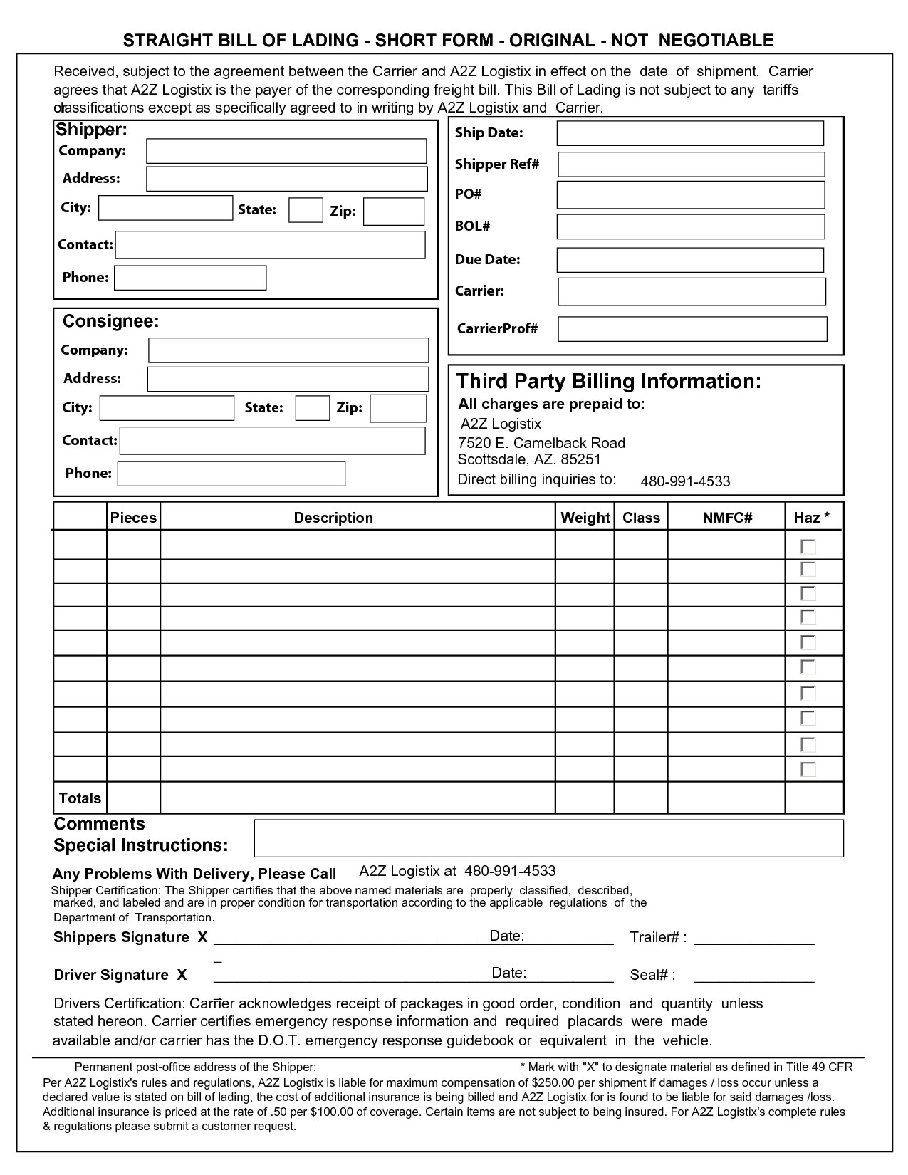 post bill of lading short form 13667