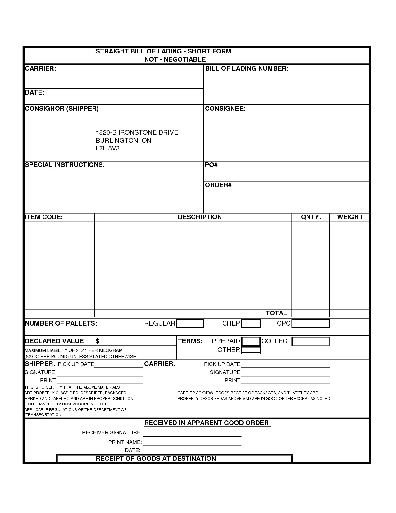bill of lading template