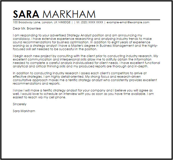 Strategy Analyst Cover Letter Strategy Analyst Cover Letter Sample Cover Letter
