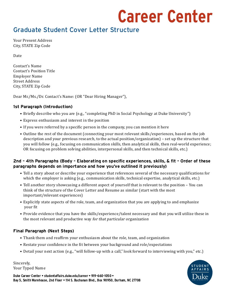 graduate student cover letter structure