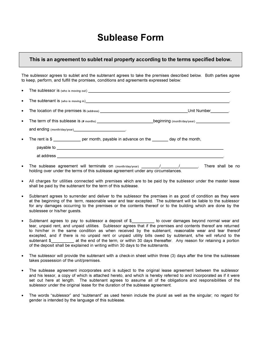 Subletting Contract Template 40 Professional Sublease Agreement Templates forms