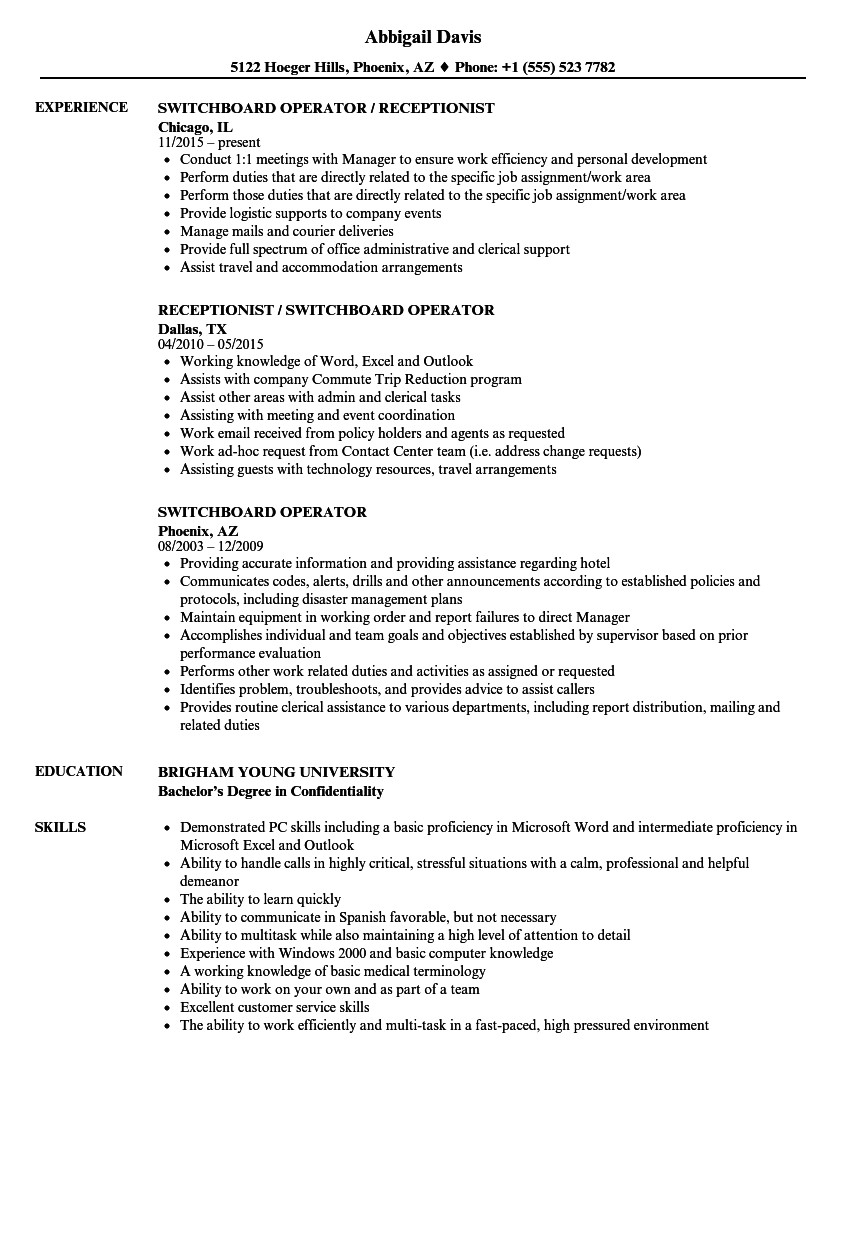 Switchboard Operator Resume Sample Switchboard Operator Resume Samples Velvet Jobs