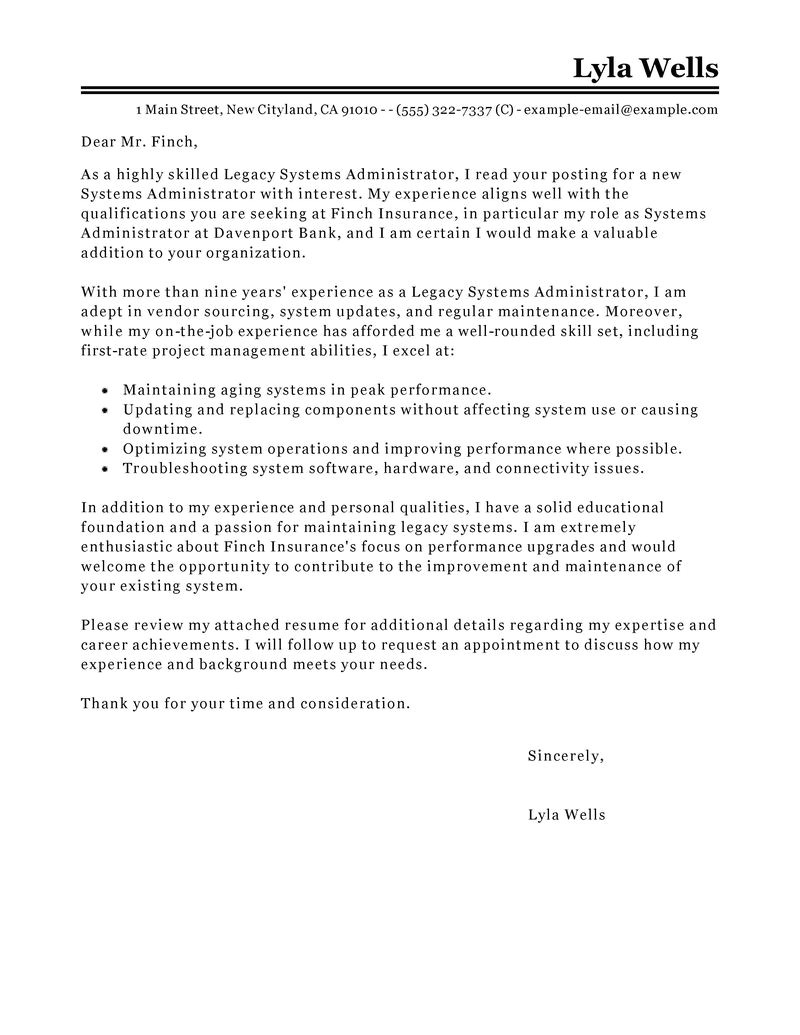cover letter examples system administrator