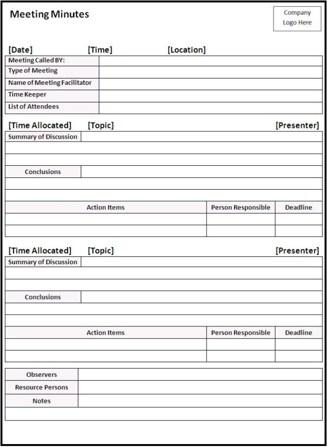 meeting minutes template word excel doc