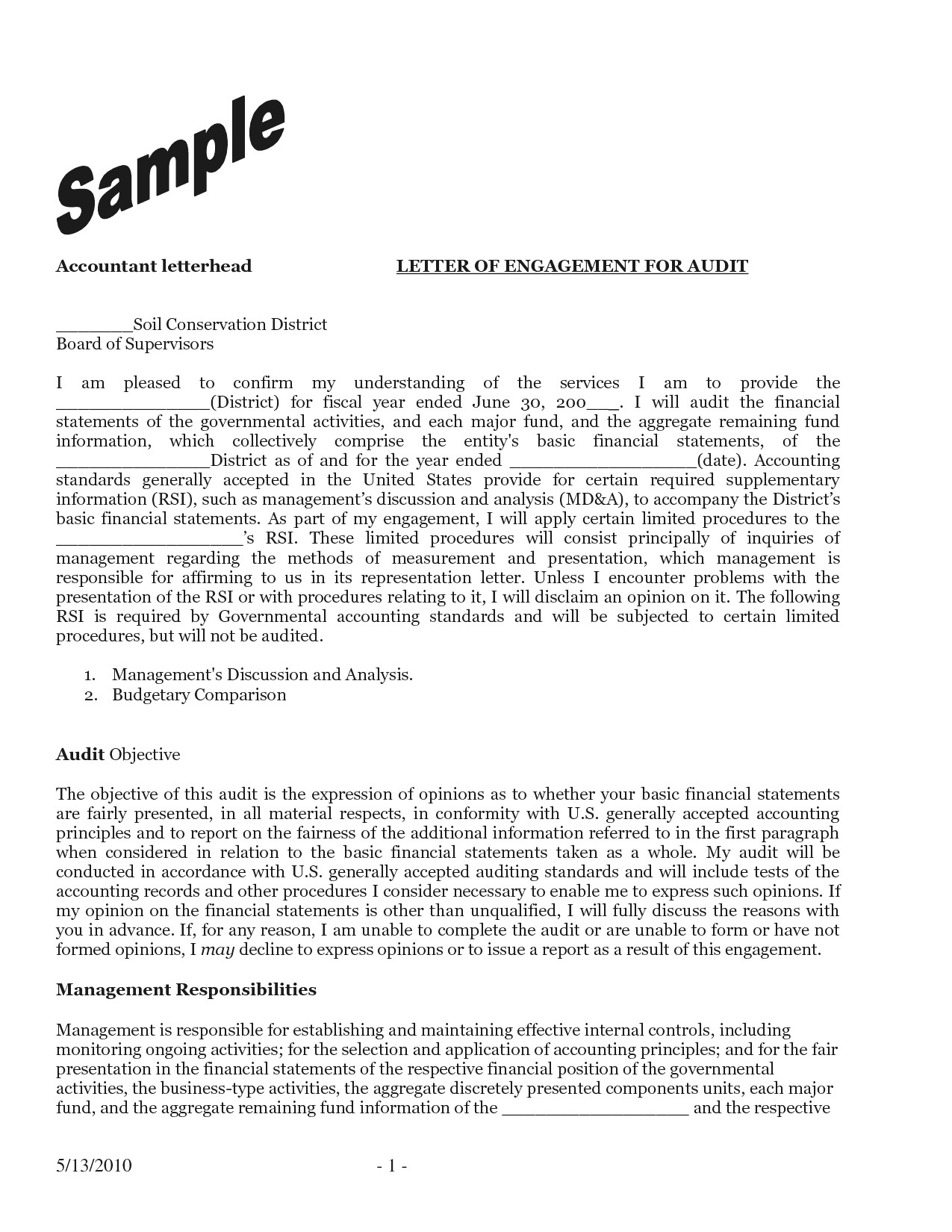 audit engagement letter sample template