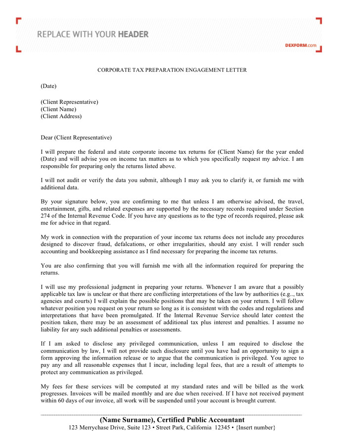 Tax Engagement Letter Template Corporate Tax Preparation Engagement Letter In Word and