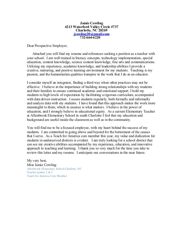 Teach for America Cover Letter Cowling Cover Letter Resume Teaching 2016