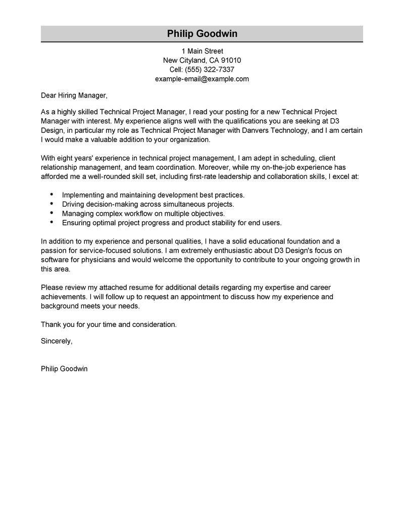Technical Director Cover Letter Cover Letter Example Technical Manager Cover Letter Example