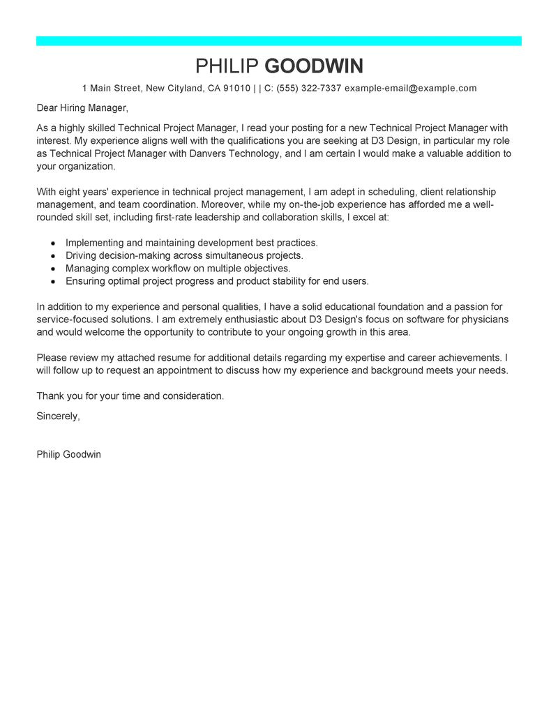 technical project manager cover letter sample