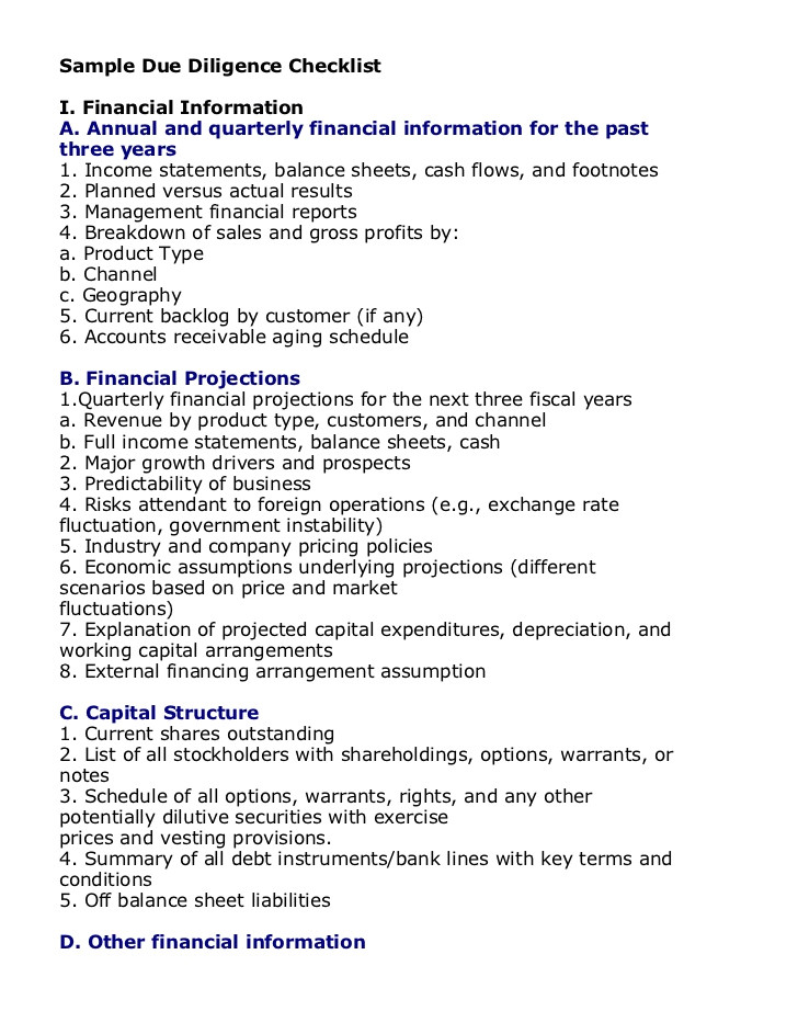 Technology Due Diligence Template Sample Due Diligence Checklist