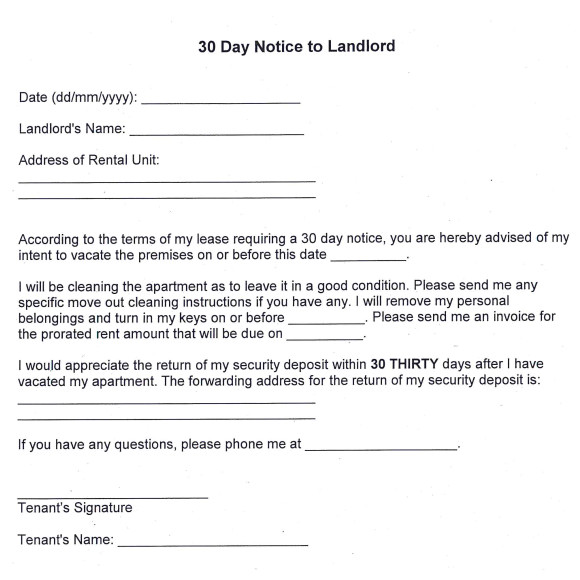 Template for 30 Day Notice to Landlord 11 30 Day Notice Templates Sample Templates