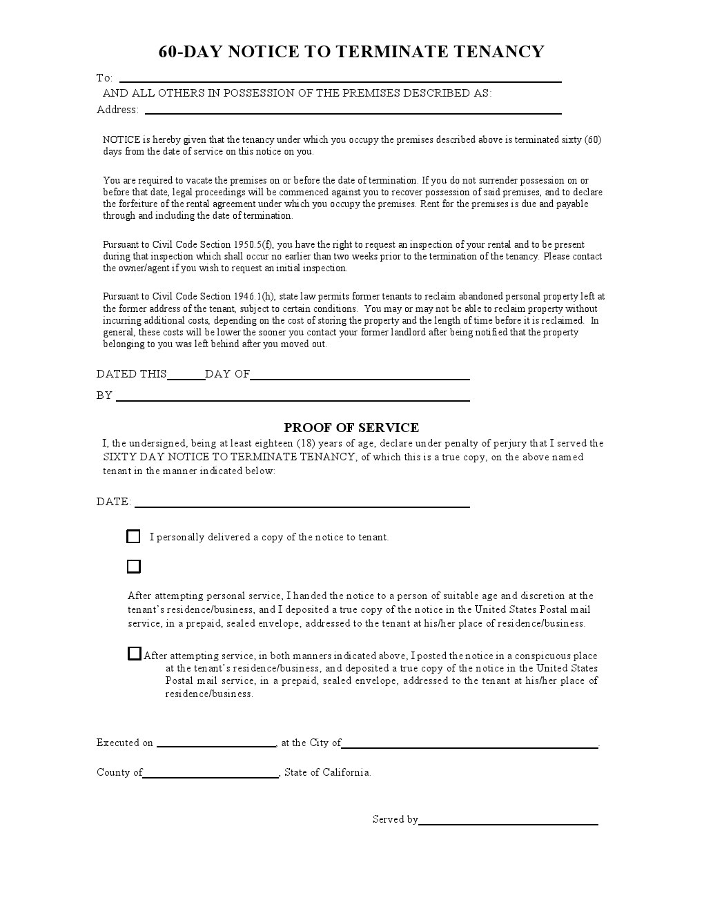 Template for 60 Day Notice to Vacate Free California 60 Day Notice to Vacate form as Of 2013