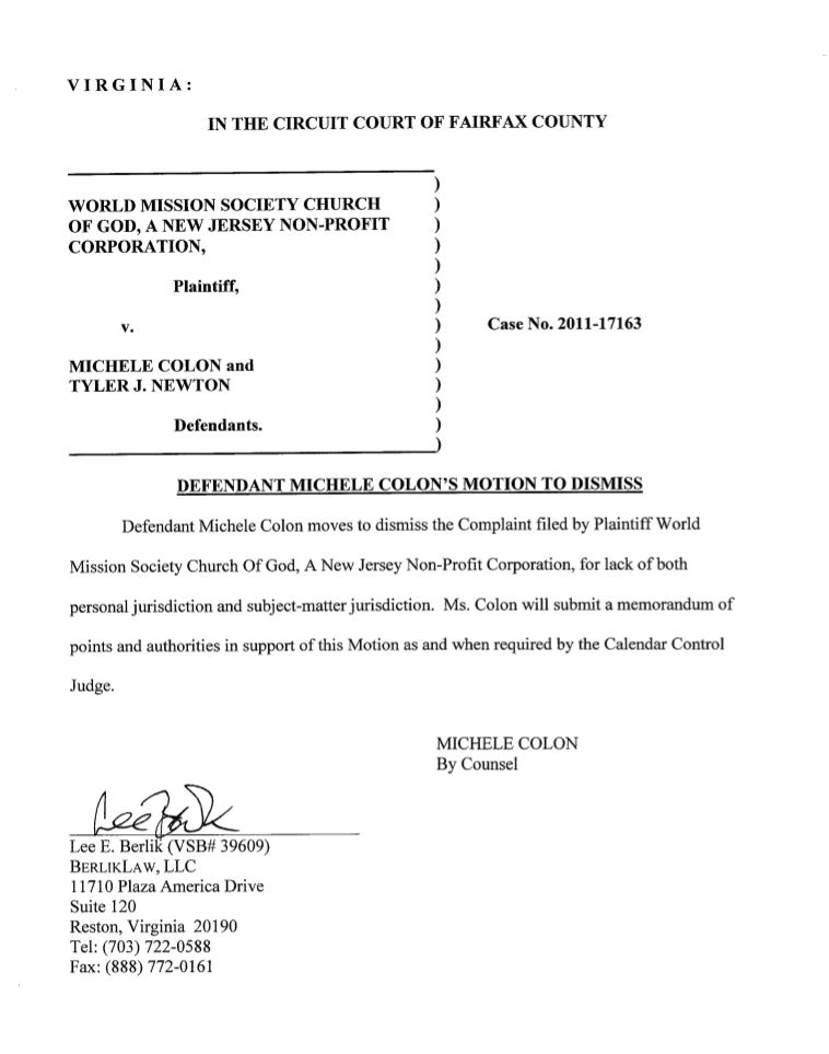 Template for Motion to Dismiss Colon Motion to Dismiss Wmscog Vs Colon Newton Va 2011