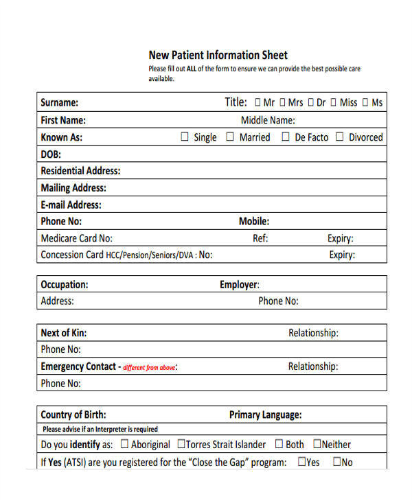 information sheet sample