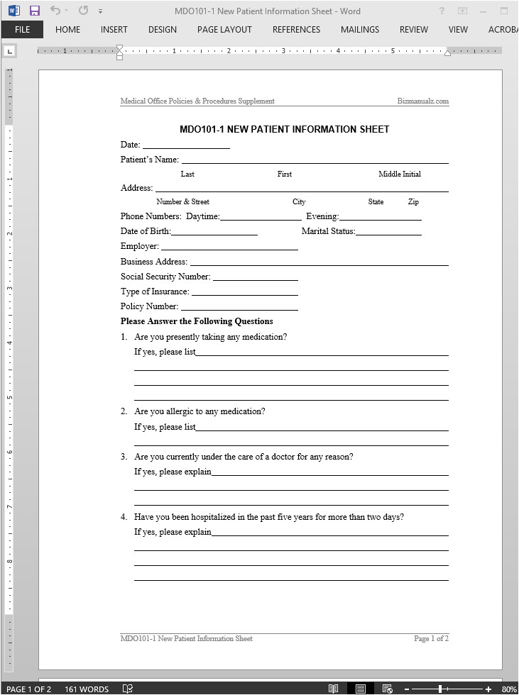 Template for Patient Information Sheet New Patient Information Worksheet Template