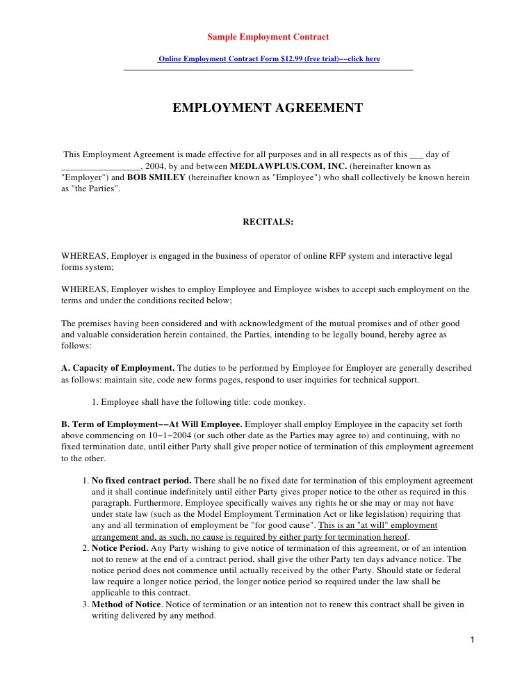 Template Of A Contract Of Employment Restaurant Employee Contract Template Free software and