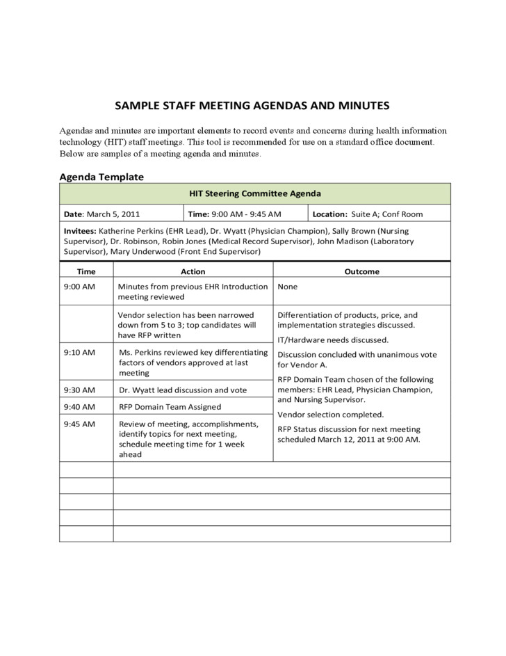 free sample staff meeting agendas and minutes