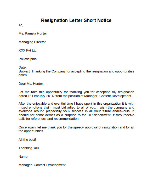 resignation letter short notice