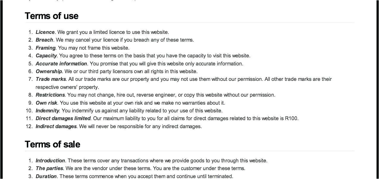 terms and conditions template for online store